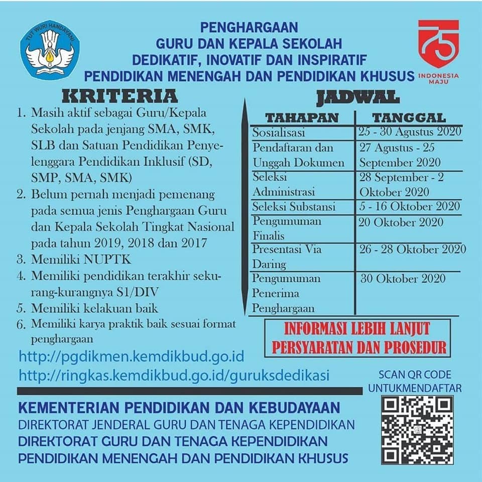 Pemberian penghargaan kepada guru dan kepala sekolah dedikatif, inovatif dan inspiratif tahun 2020